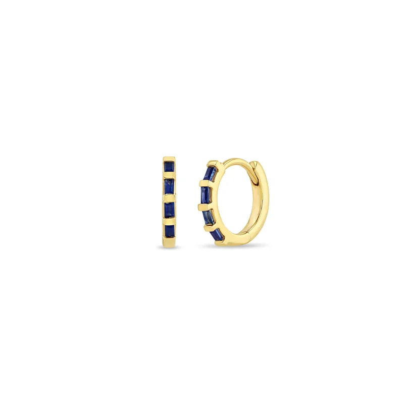 14k Baguette Blue Sapphire Hinge Huggie Hoops sold by Zoe Chicco