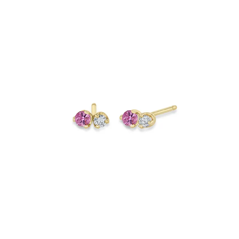 14k Mixed Prong Pink Sapphire & Diamond Studs sold by Zoe Chicco