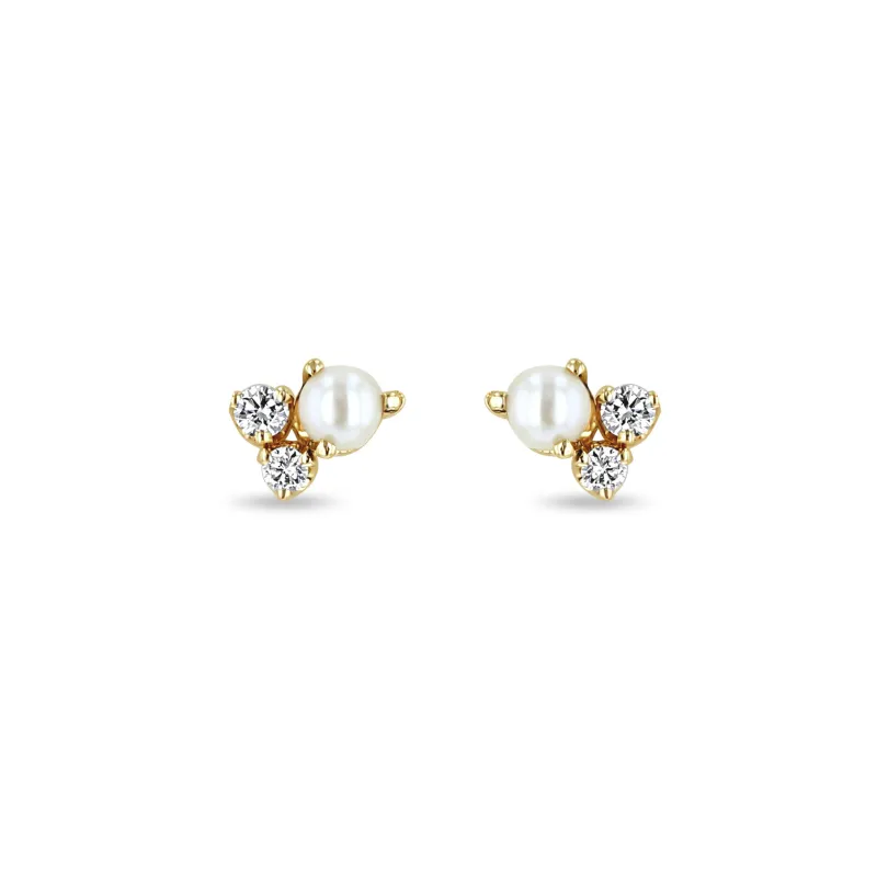 14k Mixed Prong Diamond & Pearl Cluster Stud Earrings sold by Zoe Chicco