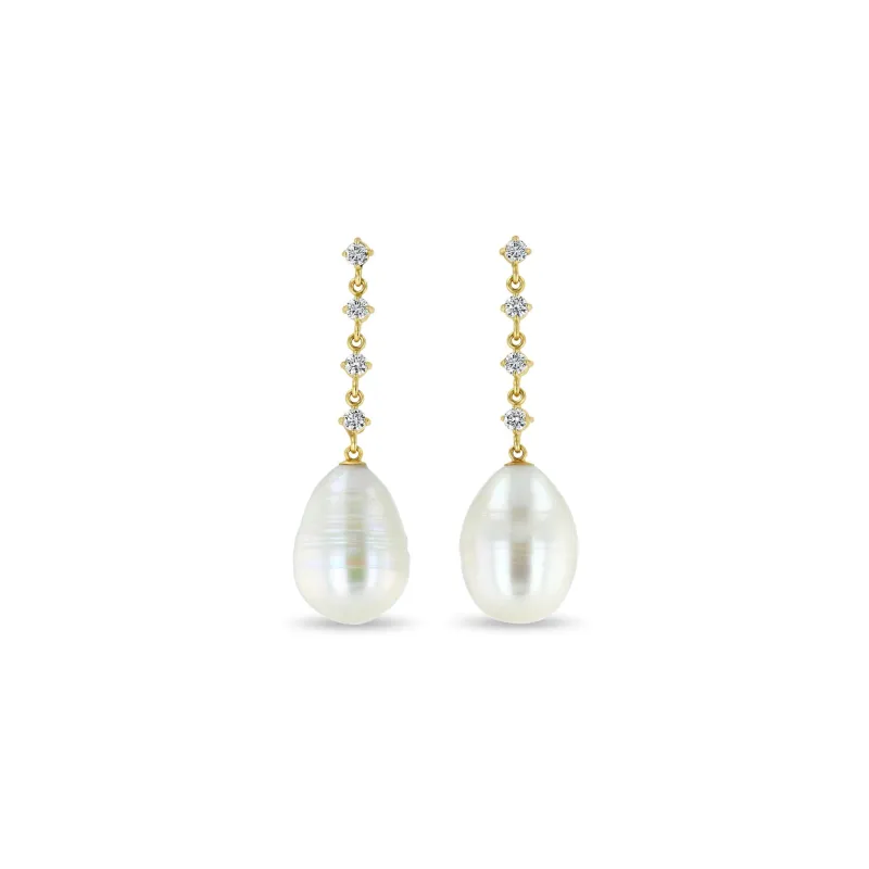 14k Linked Prong Diamond & Baroque Pearl Drop Earrings sold by Zoe Chicco