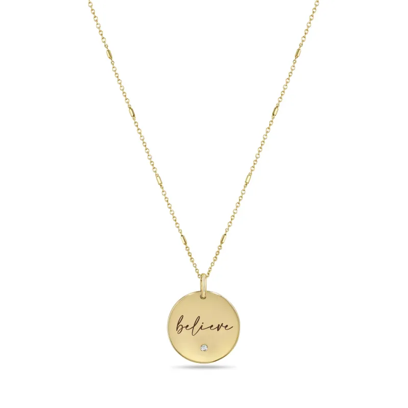 14k Small "believe" Disc Pendant on Bar & Cable Chain Necklace sold by Zoe Chicco