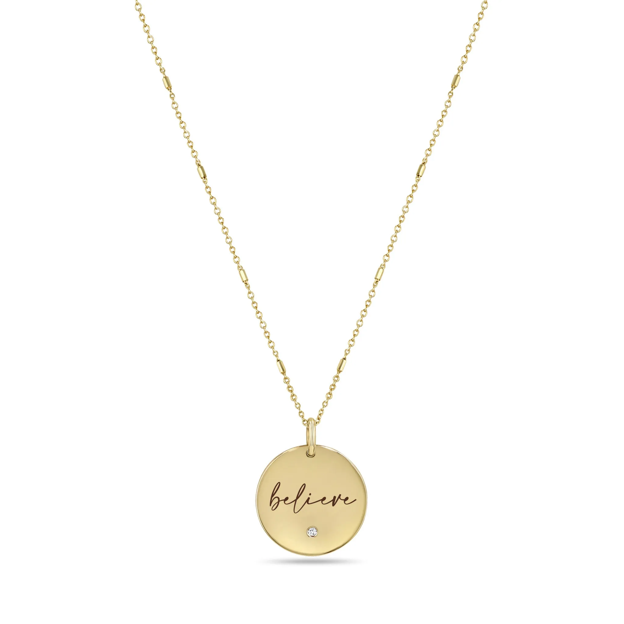14k Small "believe" Disc Pendant on Bar & Cable Chain Necklace sold by Zoe Chicco
