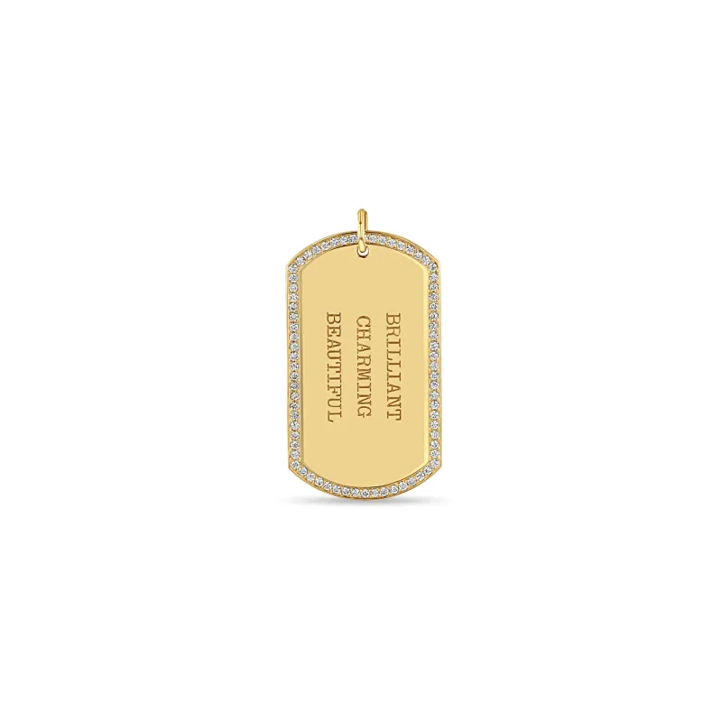 14k Single Large Engraved Dog Tag with Pavé Diamond Border Pendant sold by Zoe Chicco