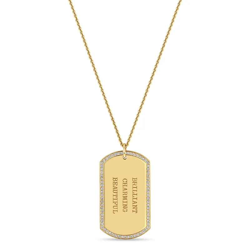 14k Large Engraved Dog Tag with Pavé Diamond Border Necklace sold by Zoe Chicco