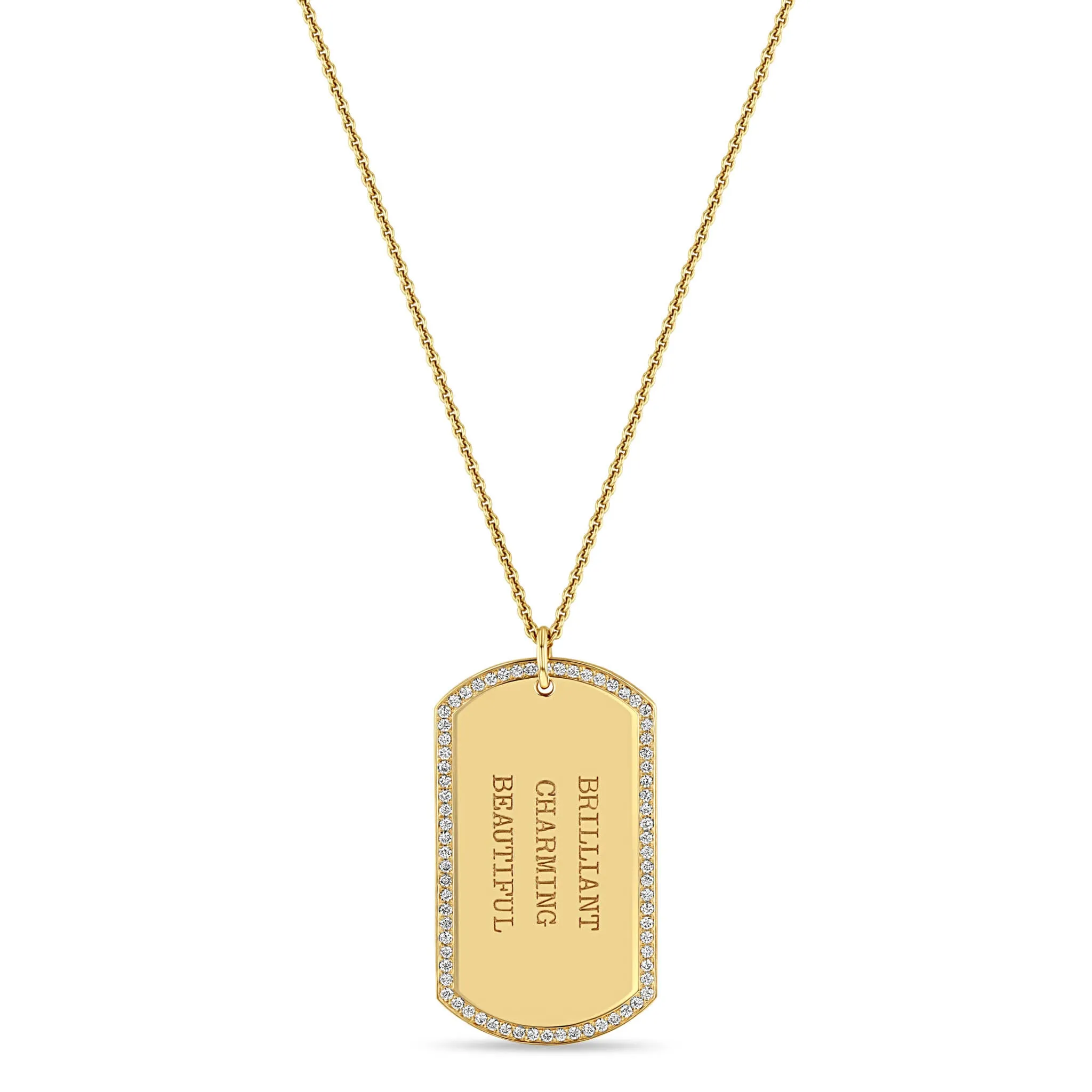14k Large Engraved Dog Tag with Pavé Diamond Border Necklace sold by Zoe Chicco