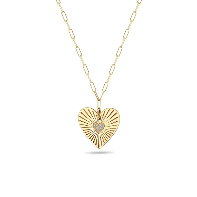 14k Large Pavé Diamond Radiant Heart Medallion on Small Paperclip Chain sold by Zoe Chicco