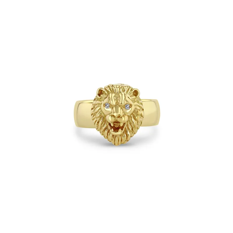 14k Lion Head with Diamond Eyes Wide Band Ring sold by Zoe Chicco