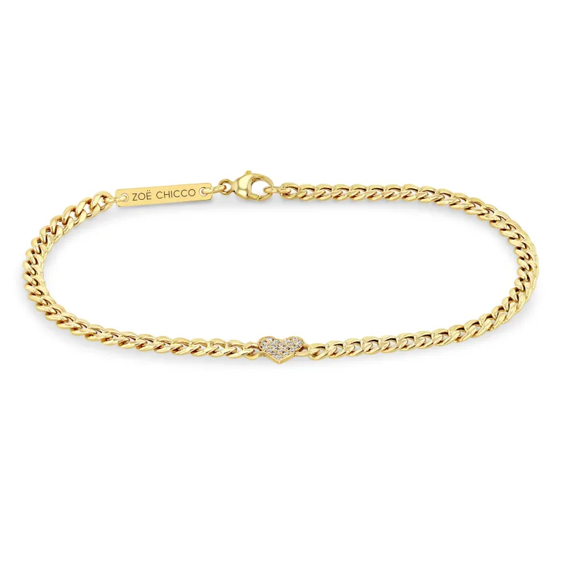 14k Midi Bitty Pavé Diamond Heart Small Curb Chain Bracelet sold by Zoe Chicco