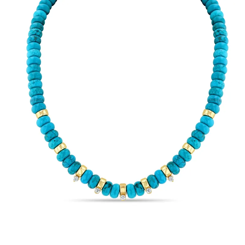 14k Gold & Turquoise Rondelle Large Bead Necklace with 5 Prong Diamonds sold by Zoe Chicco