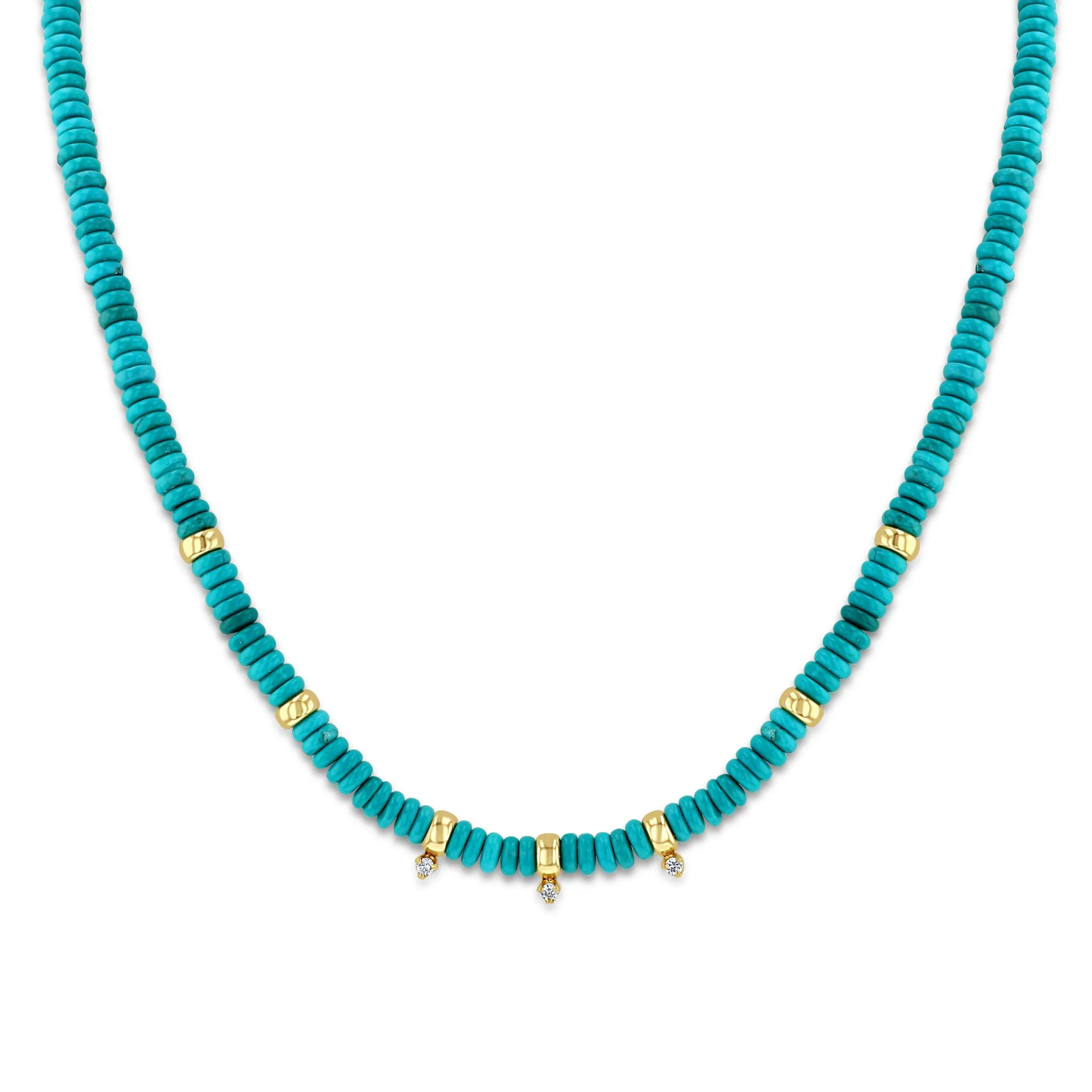 14k Gold & Turquoise Rondelle Bead Necklace with 3 Prong Diamonds sold by Zoe Chicco