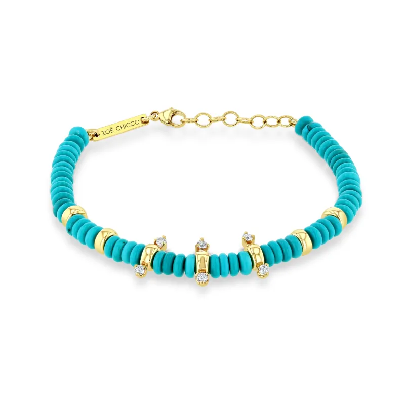 14k Gold & Turquoise Rondelle Bead Bracelet with 6 Prong Diamonds sold by Zoe Chicco