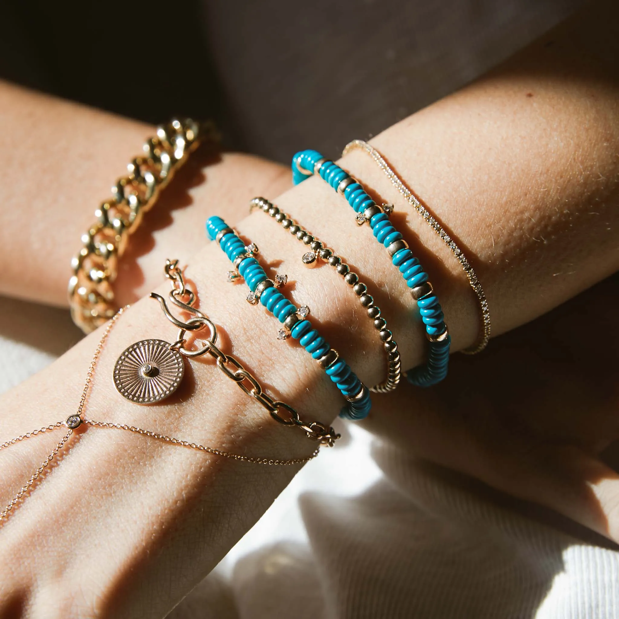 14k Gold & Turquoise Rondelle Bead Bracelet with 6 Prong Diamonds sold by Zoe Chicco product image thumbnail 3