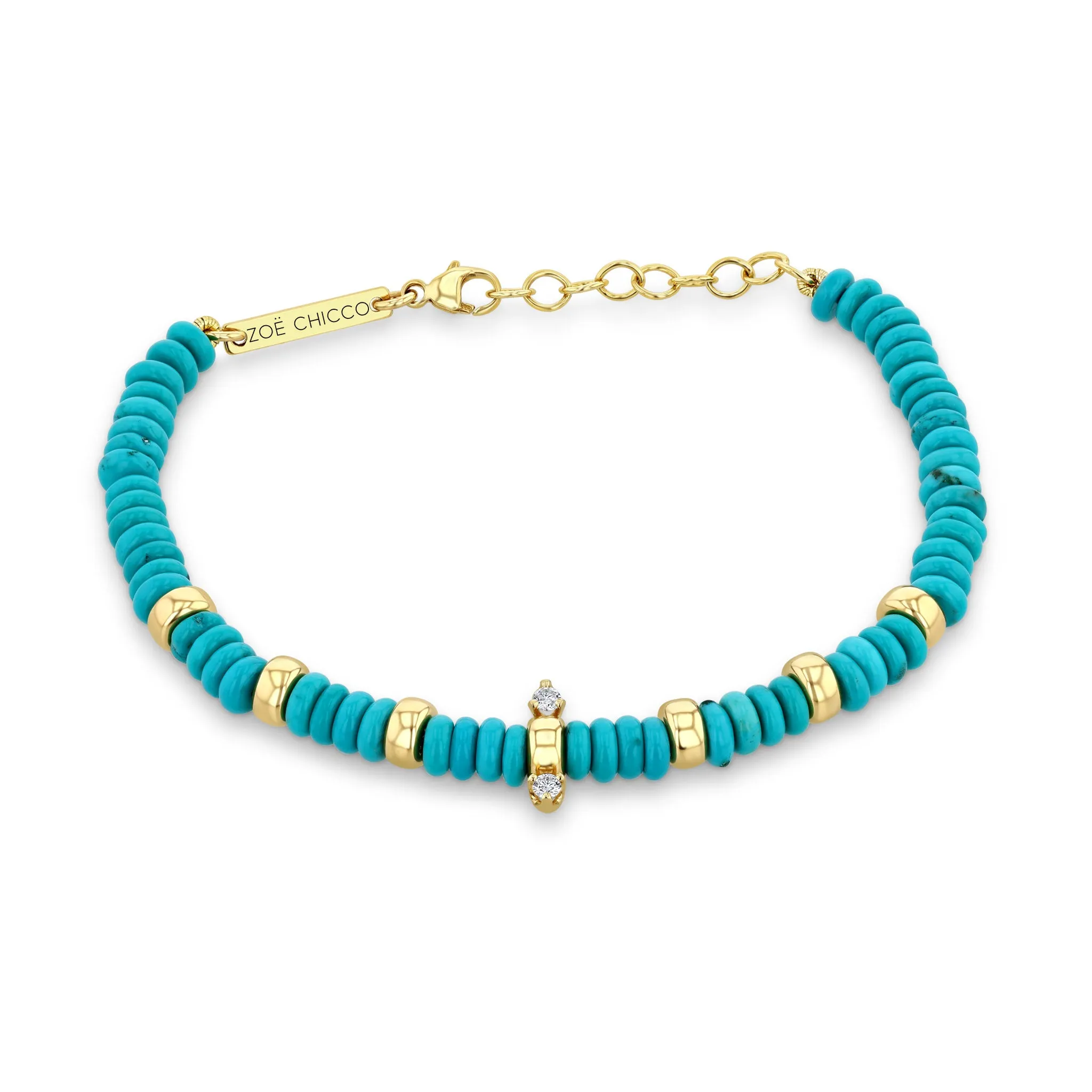 14k Gold & Turquoise Rondelle Bead Bracelet with 2 Prong Diamonds sold by Zoe Chicco