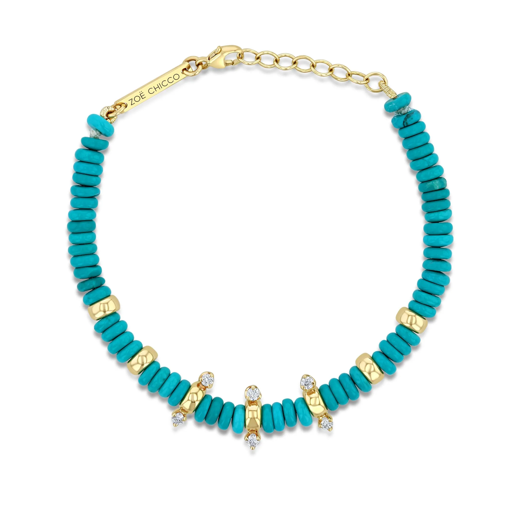 14k Gold & Turquoise Rondelle Bead Bracelet with 2 Prong Diamonds sold by Zoe Chicco product image thumbnail 4