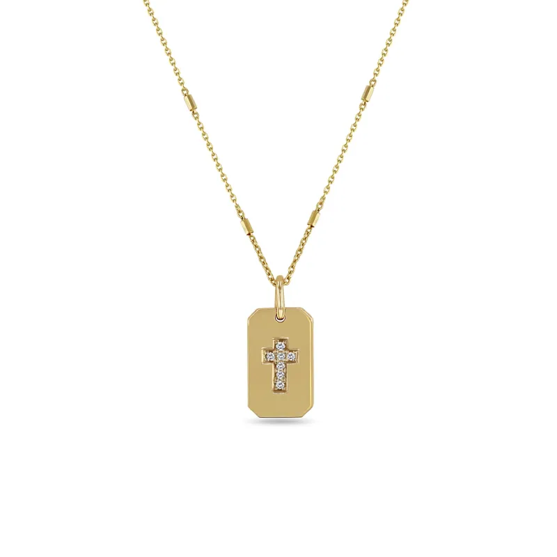 14k Pavé Diamond Cross Small Square Edge Dog Tag Necklace sold by Zoe Chicco