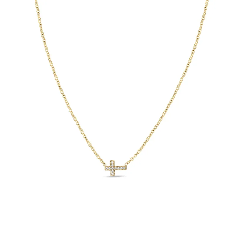 14k Midi Bitty Horizontal Pavé Diamond Cross Necklace sold by Zoe Chicco