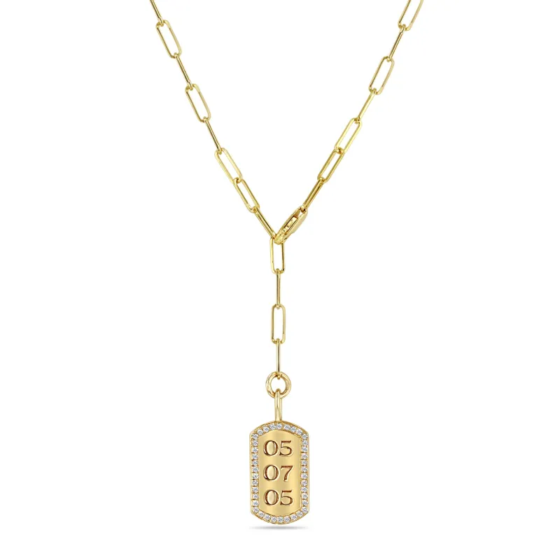 14k Engraved Date with Diamond Border X-Small Dog Tag Necklace on Adjustable Paperclip Chain sold by Zoe Chicco