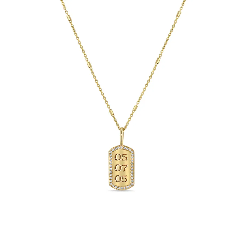 14k Engraved Date with Diamond Border X-Small Dog Tag Necklace sold by Zoe Chicco
