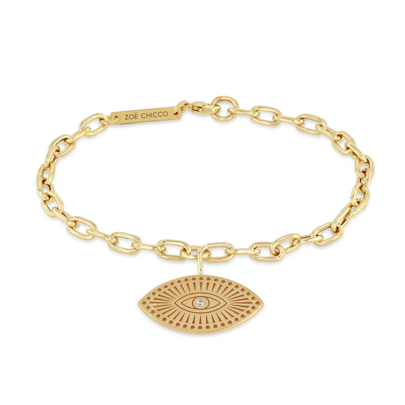 14k Diamond Evil Eye Medallion Medium Square Oval Link Bracelet sold by Zoe Chicco