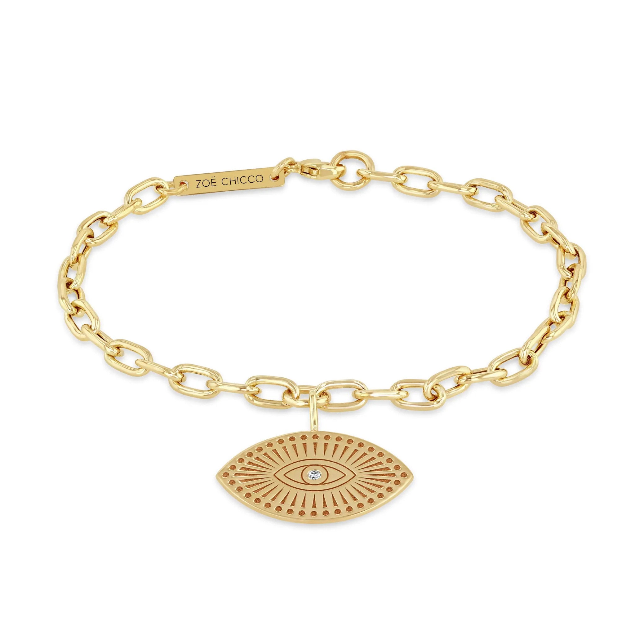 14k Diamond Evil Eye Medallion Medium Square Oval Link Bracelet sold by Zoe Chicco