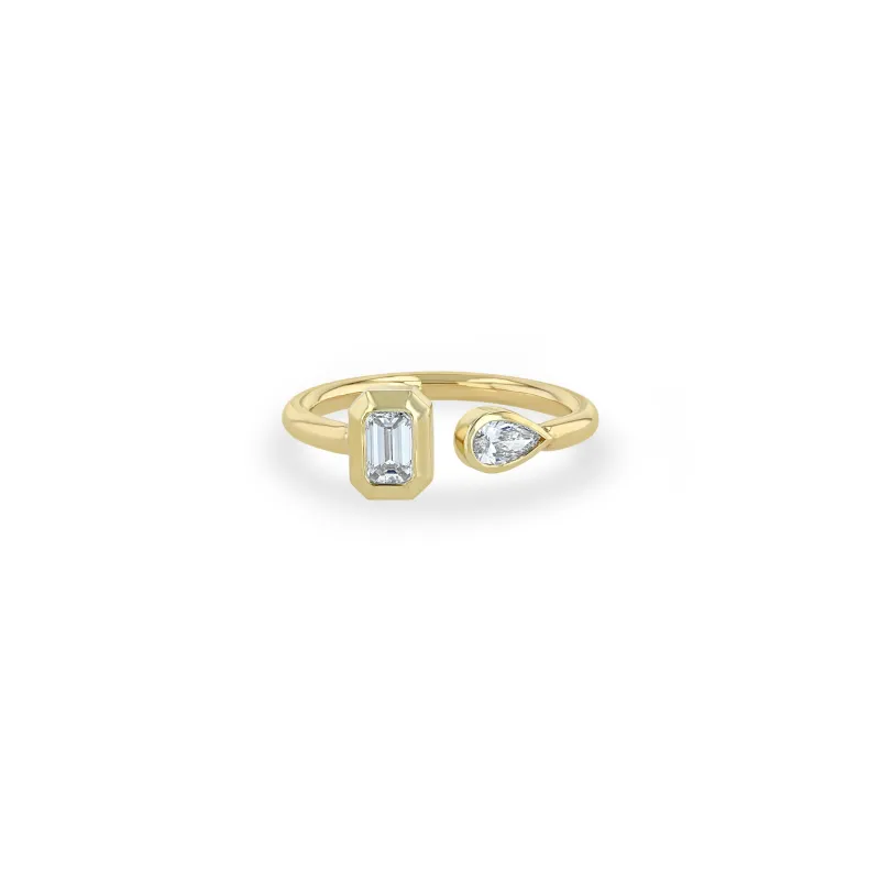 14k Pear & Emerald Cut Diamond Bezel Open Ring sold by Zoe Chicco
