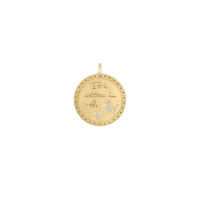 14k Single Large "It is written in the stars" Mantra with Diamond Stars Disc Charm sold by Zoe Chicco