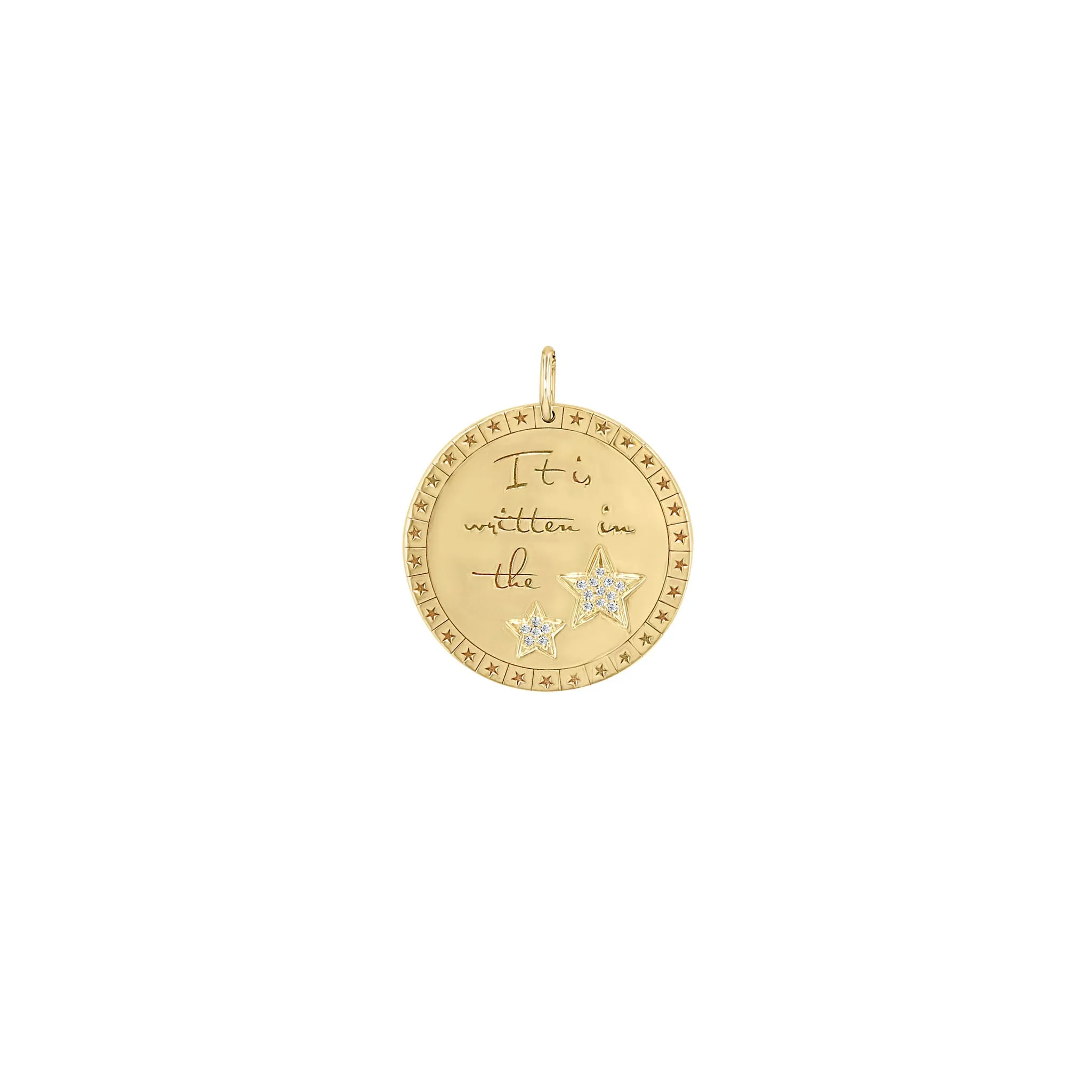 14k Single Large "It is written in the stars" Mantra with Diamond Stars Disc Charm sold by Zoe Chicco
