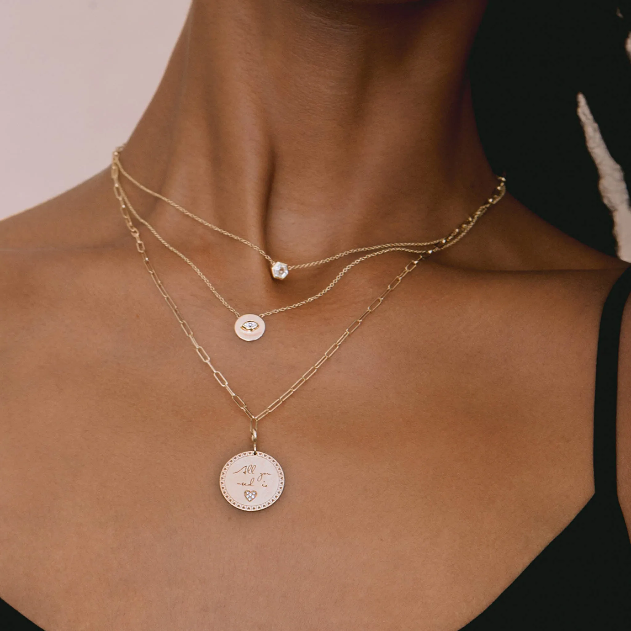 14k Single Medium "All you need is love" Mantra with Diamond Heart Disc Charm sold by Zoe Chicco product image thumbnail 2