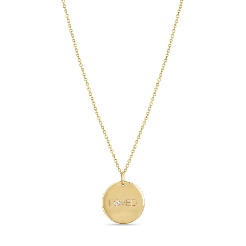 14k Small "LOVED" with Diamond Disc Pendant Necklace sold by Zoe Chicco