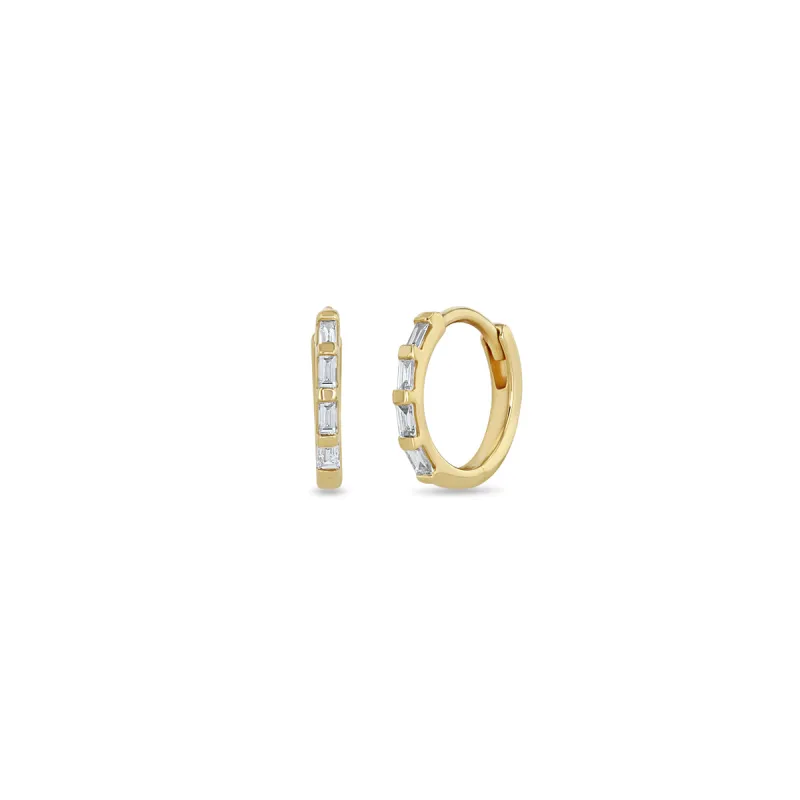 14k Baguette Diamond Hinge Huggie Hoops sold by Zoe Chicco