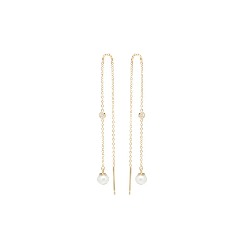 14k Floating Diamond & Pearl Chain Threader Earrings sold by Zoe Chicco