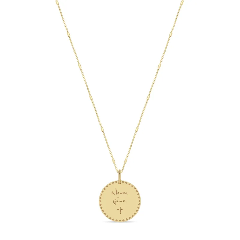 14k Small Mantra Heart Border Necklace on Tiny Bar & Cable Chain sold by Zoe Chicco