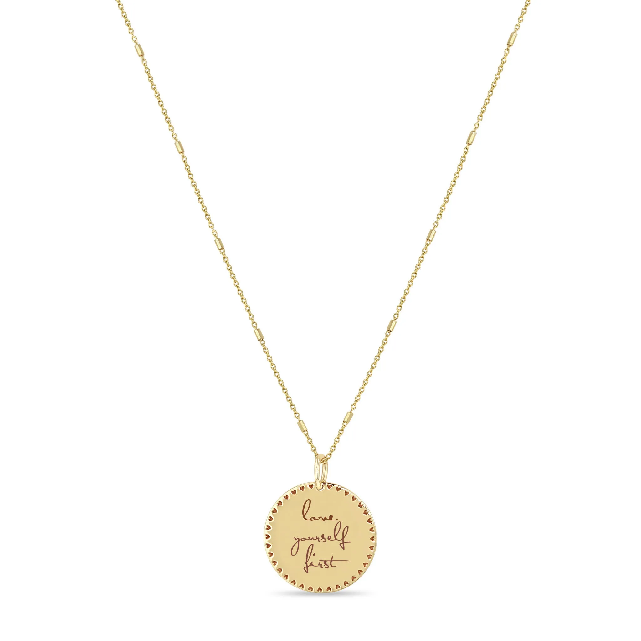 14k Small Mantra Heart Border Necklace on Tiny Bar & Cable Chain sold by Zoe Chicco product image thumbnail 3