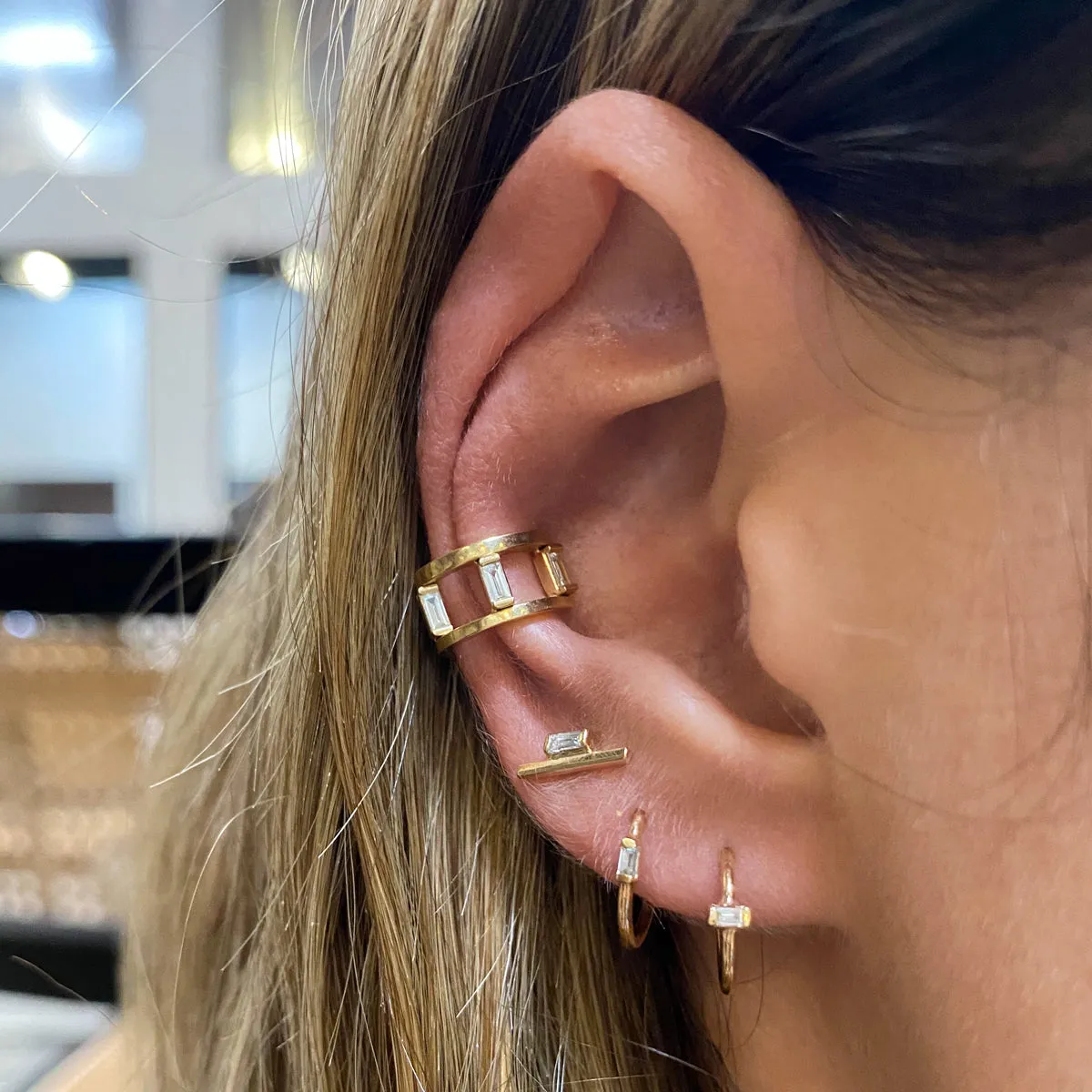 14k Vertical Baguette Diamond Thin Huggie Hoops sold by Zoe Chicco product image thumbnail 3