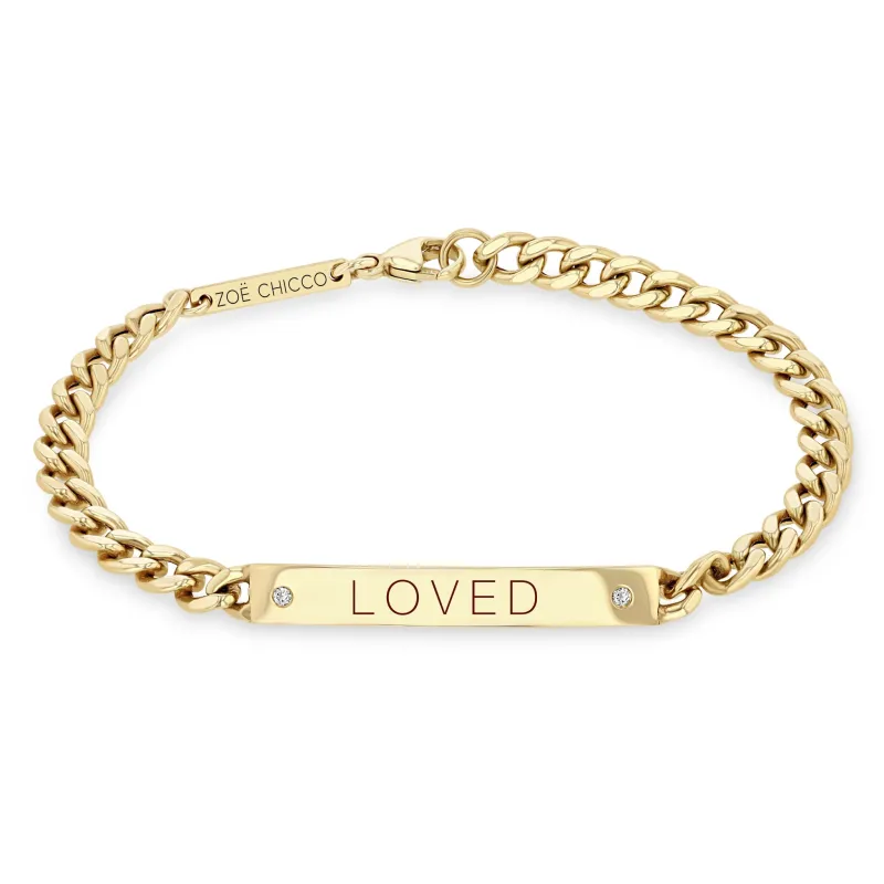 14k Medium Curb Chain Personalized ID Bracelet with 2 Diamonds sold by Zoe Chicco