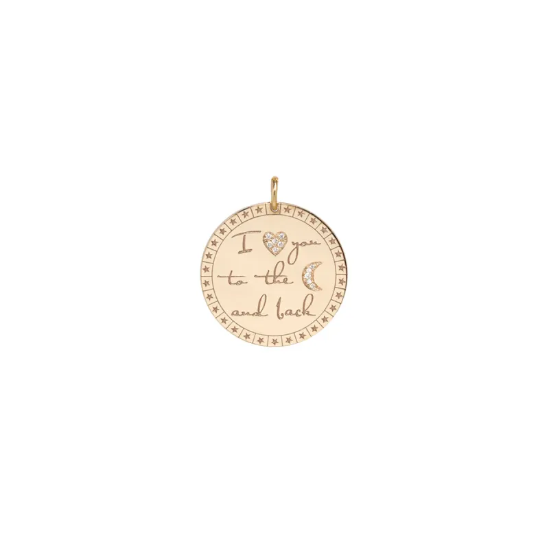 14k Single Large Pavé Diamond "I love you to the moon & back" Mantra Charm sold by Zoe Chicco