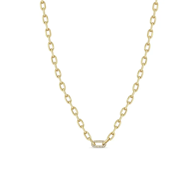 14k Gold Medium Square Oval Chain with Pavé Diamond Link Necklace sold by Zoe Chicco