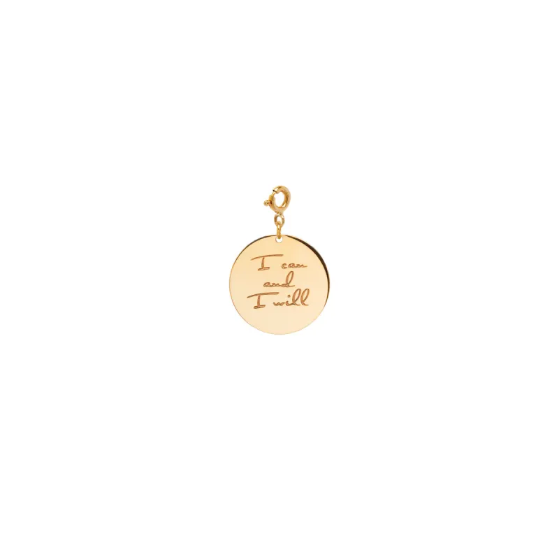 14k small mantra medallion disc charm on spring ring sold by Zoe Chicco