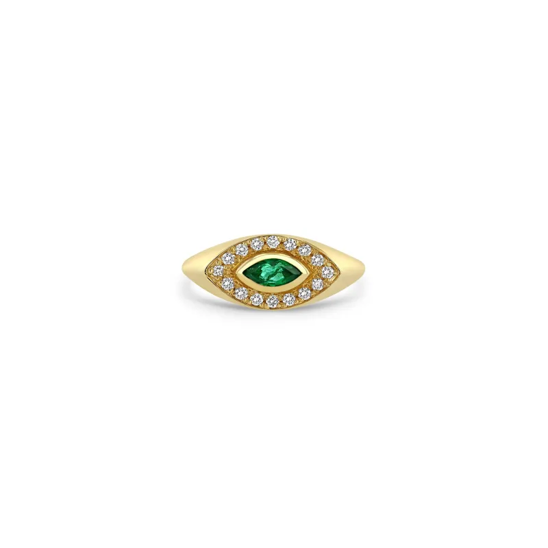 14k Marquise Emerald & Diamond Halo Signet Ring sold by Zoe Chicco