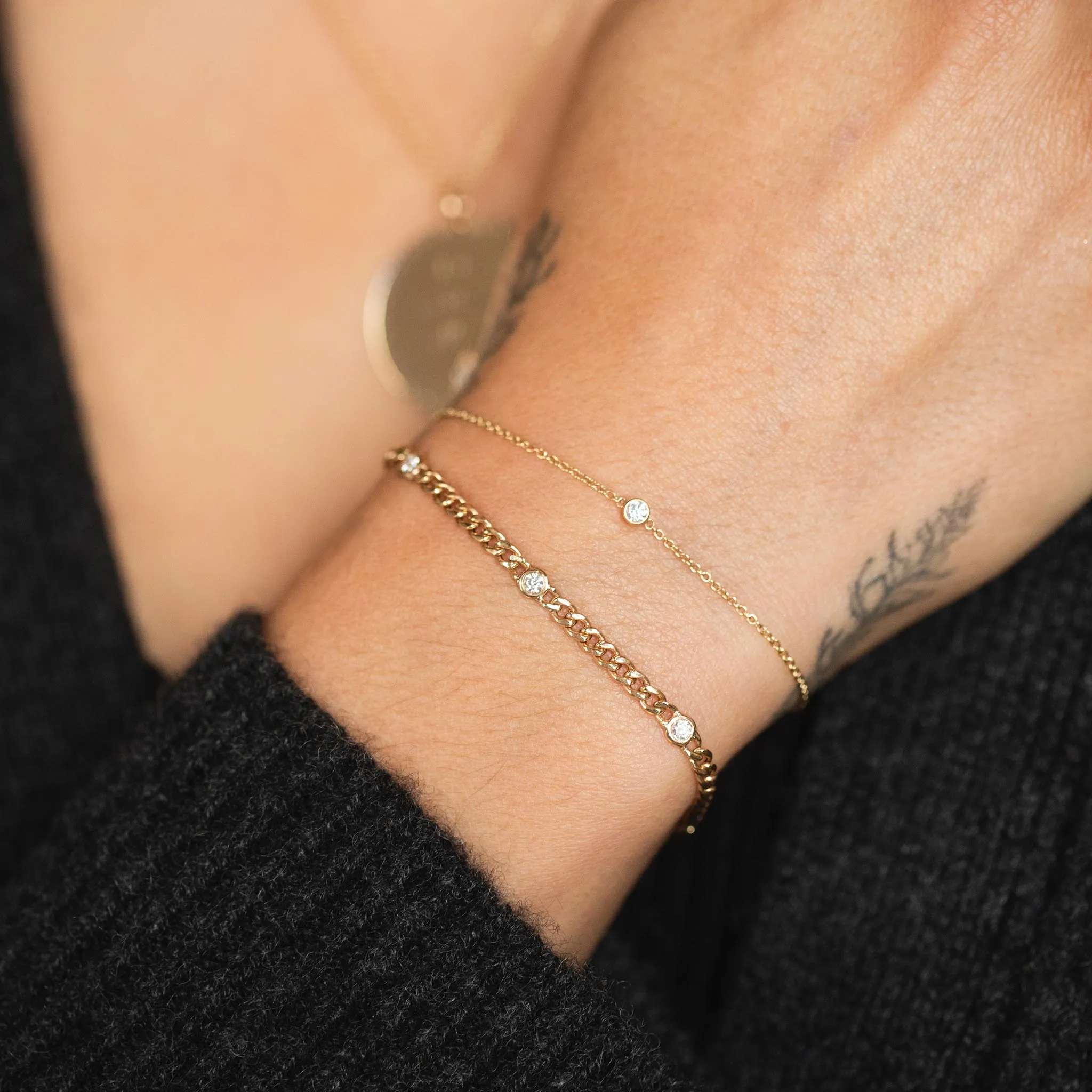 14k Small Curb Chain Bracelet with 5 Floating Diamonds sold by Zoe Chicco product image thumbnail 2
