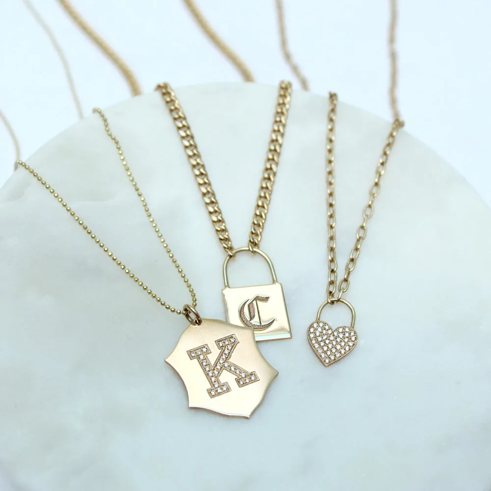 14k Single Pavé Diamond Initial Large Ornate Shield Charm Pendant sold by Zoe Chicco product image thumbnail 3