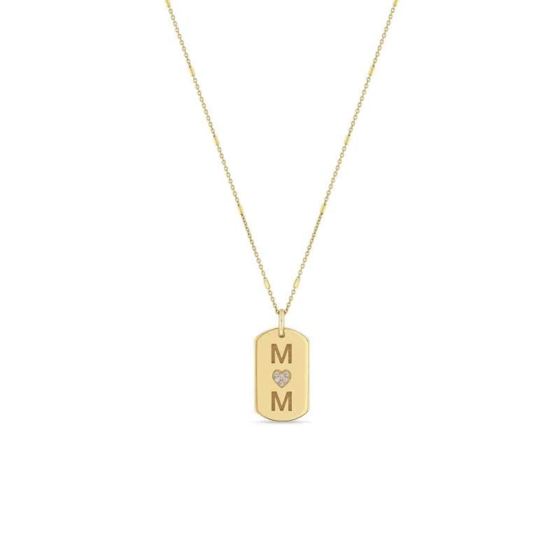14k MOM with Pavé Diamond Heart X-Small Dog Tag Necklace sold by Zoe Chicco