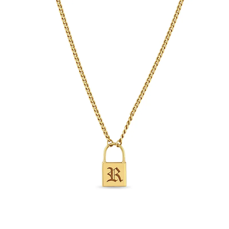 14k Old English Initial Small Padlock XS Curb Chain Necklace sold by Zoe Chicco