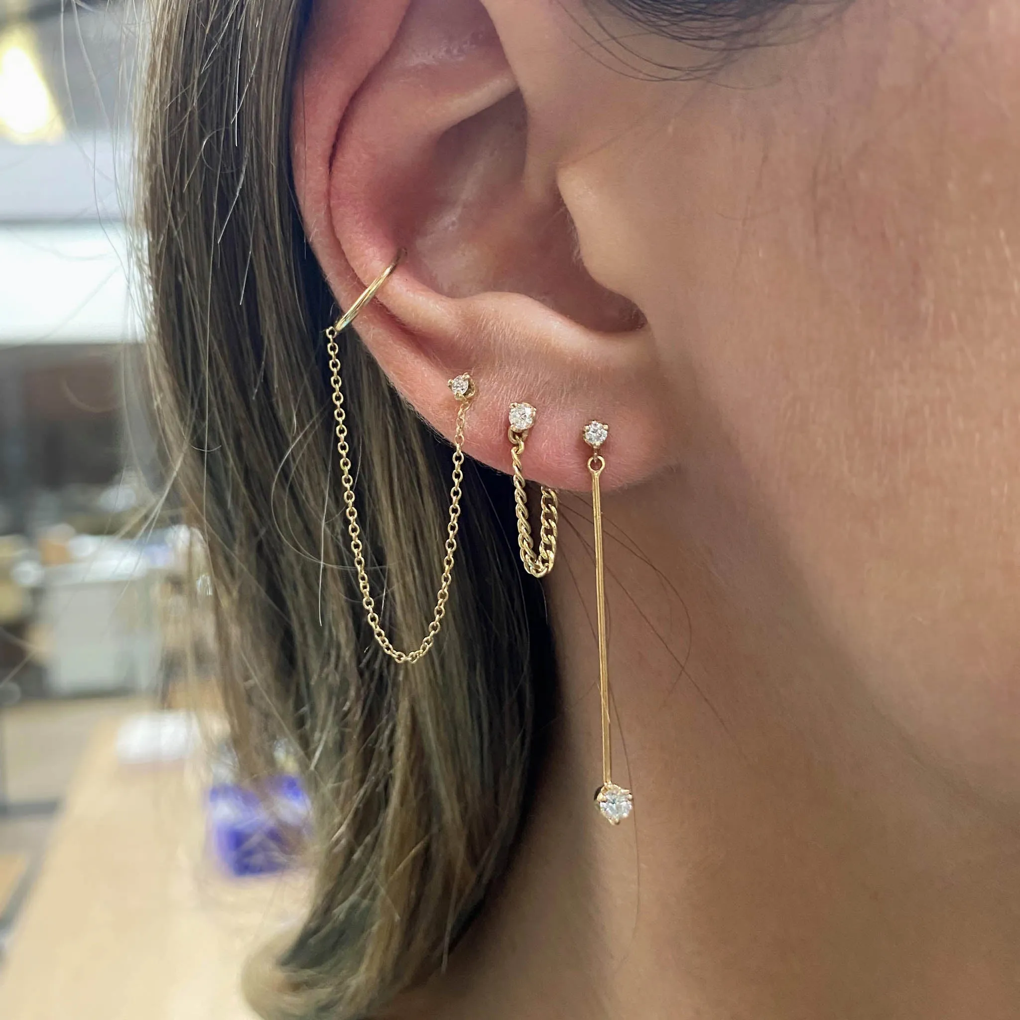 14k Mixed Prong Diamond Long Bar Drop Earrings sold by Zoe Chicco product image thumbnail 2