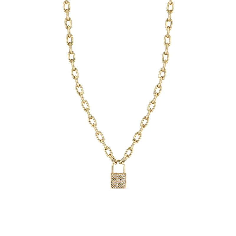 14k Medium Square Oval Link Pavé Diamond Padlock Necklace sold by Zoe Chicco
