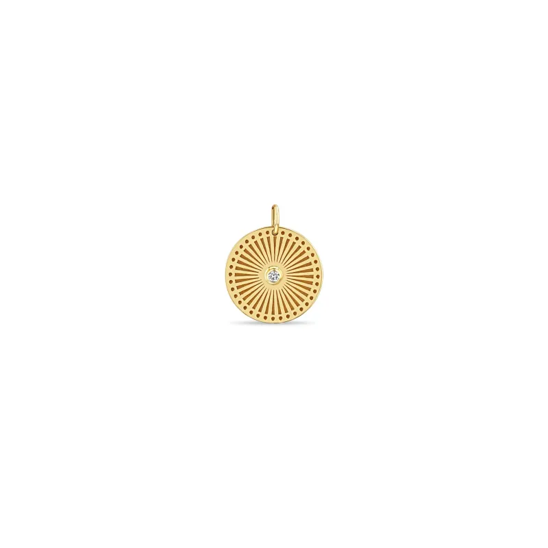14k Single Small Sunbeam Medallion Disc Charm Pendant sold by Zoe Chicco