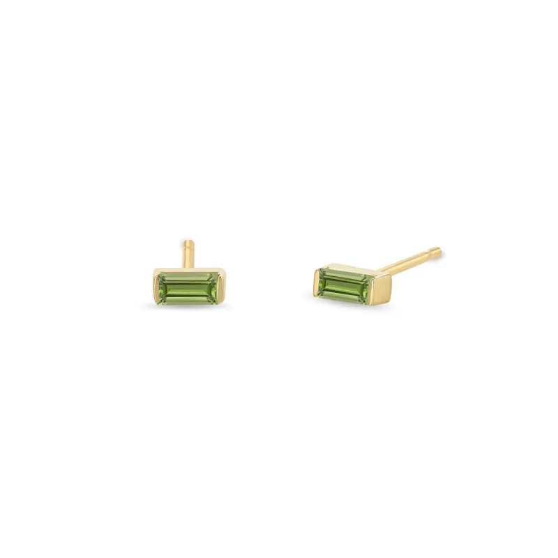 14k Peridot Baguette Studs | August Birthstone sold by Zoe Chicco