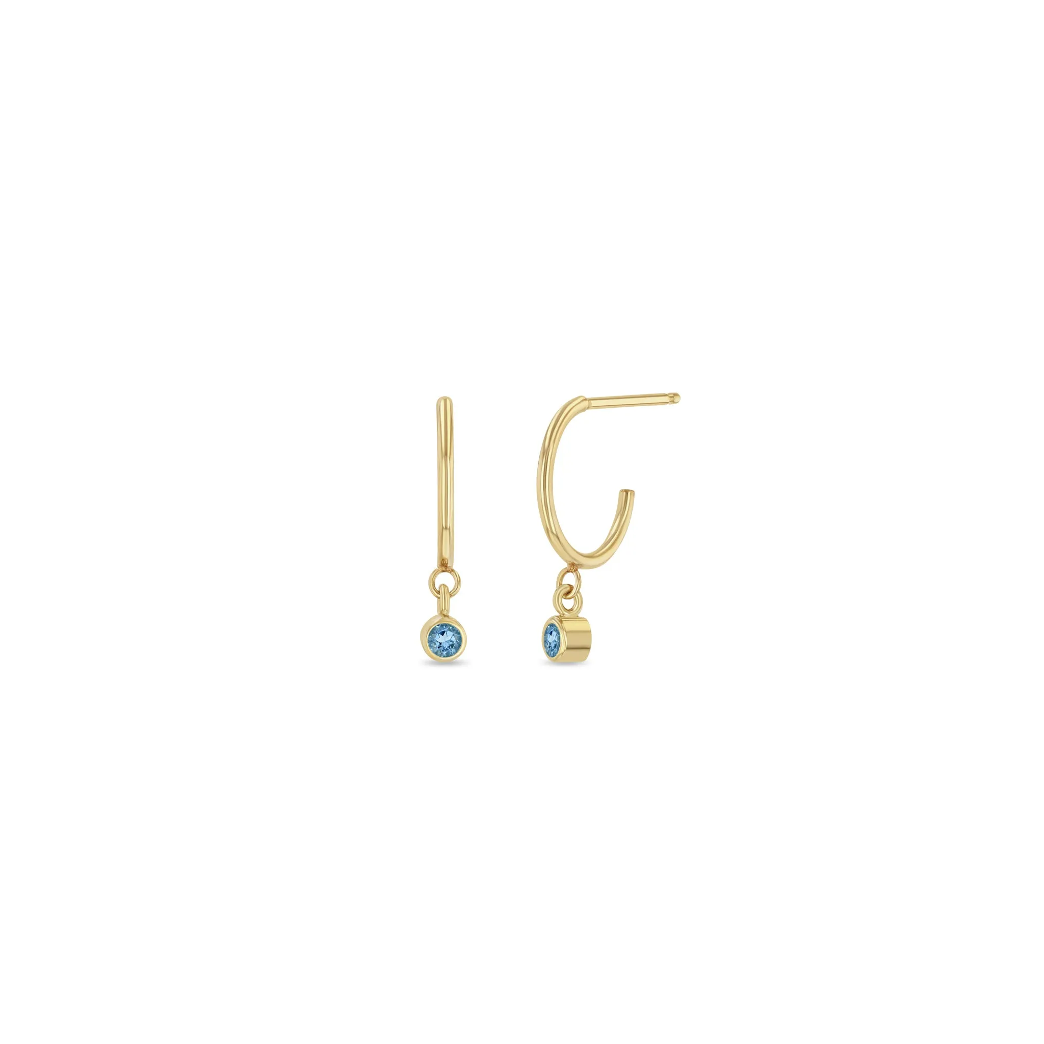 14k Dangling Aquamarine Huggie Hoops | March Birthstone sold by Zoe Chicco