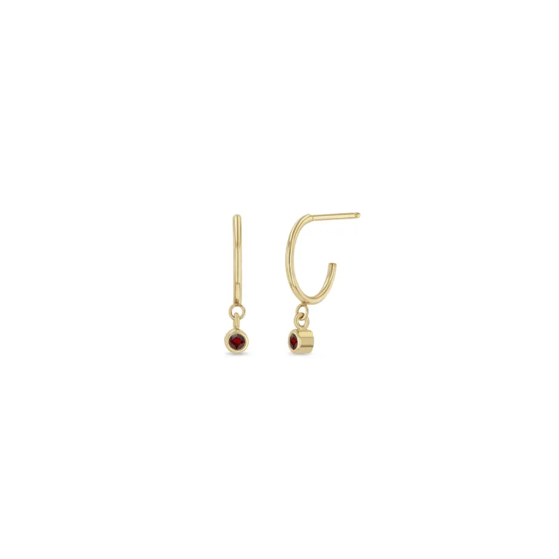 14k Dangling Garnet Huggie Hoops | January Birthstone sold by Zoe Chicco