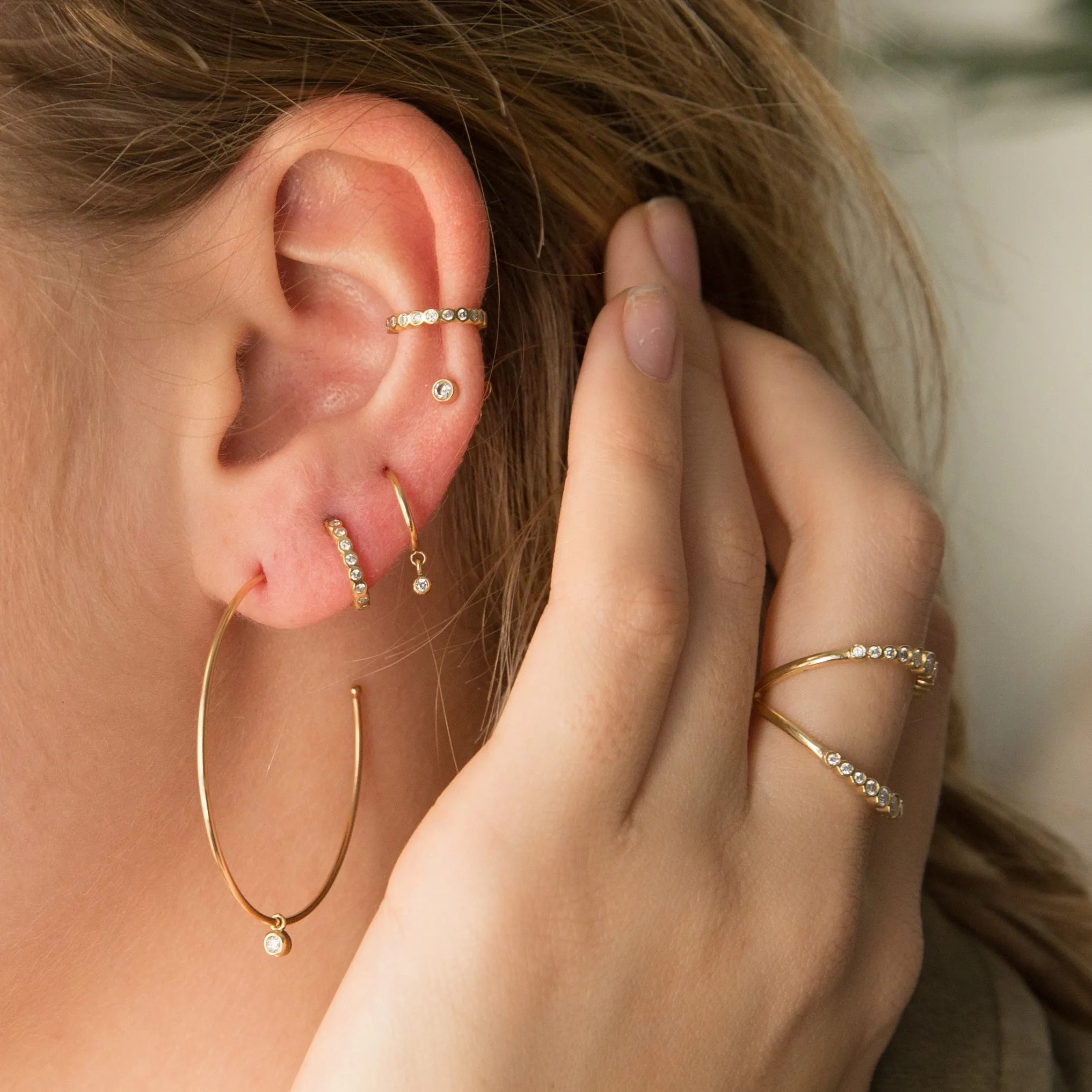 14k Dangling Diamond Bezel Thin Huggie Hoops sold by Zoe Chicco product image thumbnail 2